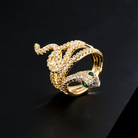 Luxus Schlangenring Kupfer Vergoldet AAA Zirkon Grünes Auge Verstellbar Offener Fingerschmuck Für Damen