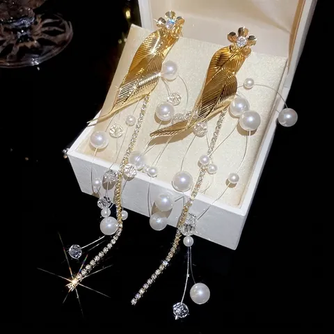 Pendientes De Borla Larga Con Diseño De Flor Y Hoja Perla Artificial De Imitación Circonita Y Poste De Plata De Ley 925 Elegantes