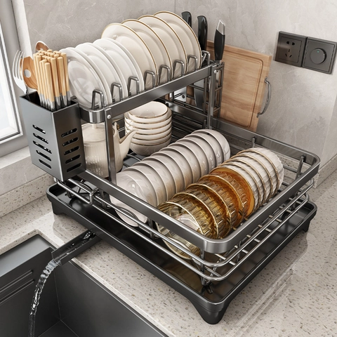 Stainless Steel Dish Drying Rack Kitchen Bowl Plate Organizer Storage Drainer With Utensil Holder Rotatable Drainage Tray