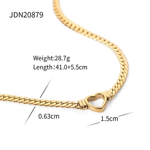 Stainless Steel Heart Pendant Necklace 14K Gold Plated Flat Snake Chain Hip Hop Minimalist Jewelry For Women
