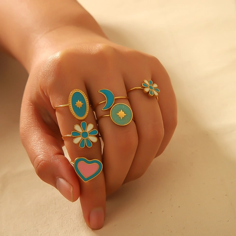 Open Ring Stainless Steel Gold Plated Enamel Adjustable Bohemian Heart Flower Star Moon Vintage Jewelry For Women