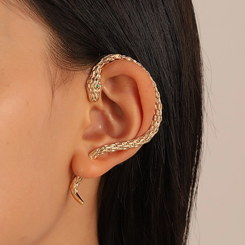 Vintage Punk Snake Shaped Ear Cuffs For Women Alloy Metal Animal Crawler Wrap Earrings With Rhinestone Eyes Party Jewelry