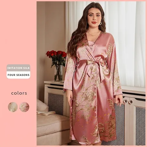 Set Vestaglia E Camicia Da Notte Da Donna Imitazione Raso Raso Stampa Floreale Maniche Lunghe Scollo A V Abbigliamento Da Casa