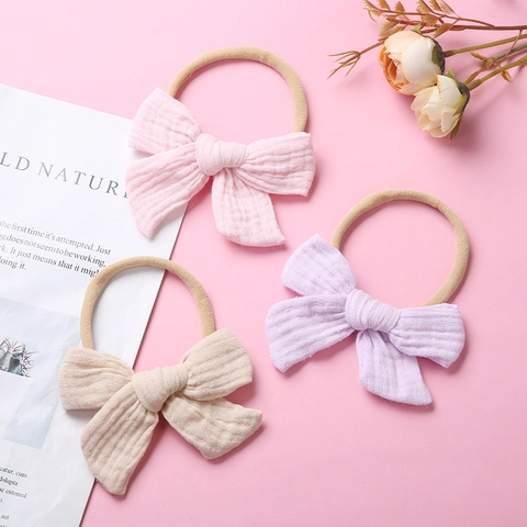 Diadema Para Bebé Muselina De Algodón Gasa Lazo Suave Elástico Nylon Banda Para El Cabello Recién Nacido Accesorios