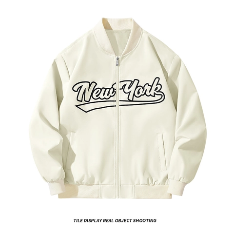 Giacca Bomber da Uomo Vintage Americano con Stampa Lettere Casual Larga Collo in Piedi con Cerniera Varsity Jacket