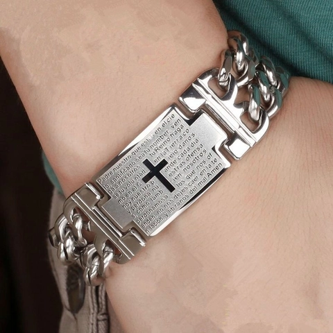 Bracciale A Catena In Acciaio Inossidabile Con Croce Di Preghiera Spagnola Piastra ID Stile Punk Gioielli Religiosi