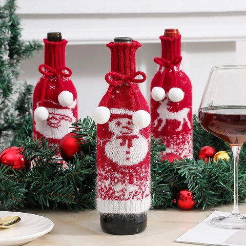 Christmas Wine Bottle Cover Knitted Acrylic Santa Snowman Reindeer Pattern Holiday Dinner Table Decor Novelty Gift