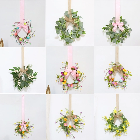 Spring Easter Hanging Wreath Ornament With Satin Ribbon Bow Faux Flowers Green Leaves For Home Door Wall Decor Pastoral Style