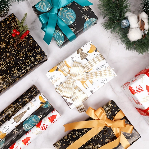Christmas Gift Wrapping Paper Roll Coated Paper Festive Santa Reindeer Tree Patterns Holiday Party DIY Craft Supplies Decorative
