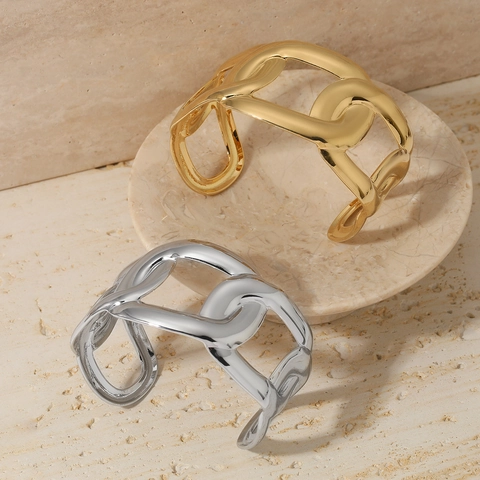 Stainless Steel Open Cuff Bracelet Hollow Chain Link Geometric Adjustable Fashion High Polish Bangle Women