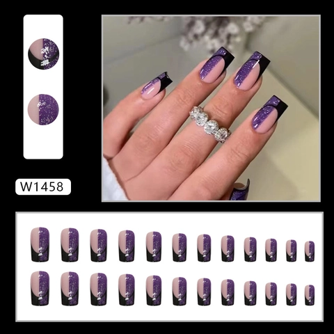 Unghie Finte French Glitter Viola Contrasto Nero Quadrate Ovali Stile Cool Per Donne