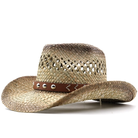 Cappello Da Cowboy In Paglia Vintage Tesa Larga Traspirante Traforato Con Fascia In Ecopelle Borchie In Metallo Stile Western