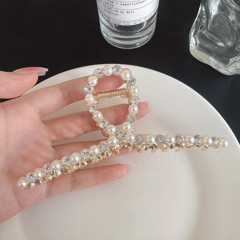 Extra Large Hair Claw Clip Gold Alloy Shark Clip With Imitation Artificial Pearl Rhinestone Elegant French Style Hair Accessories For Women
