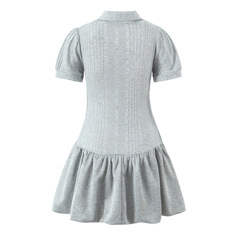 Women Knit Mini Dress Short Puff Sleeve Polo Collar Button Slim Fit Ruffle Hem Preppy Solid Grey Elegant