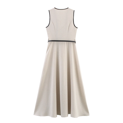 Donne Abito Maxi Senza Maniche Scollo A V Bordi A Contrasto Linea A Effetto Lino Elegante Con Cintura