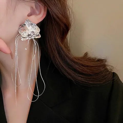 Orchid Flower Long Tassel Drop Earrings With 925 Sterling Silver Earring Post Copper Irregular Folded Jewelry For Women