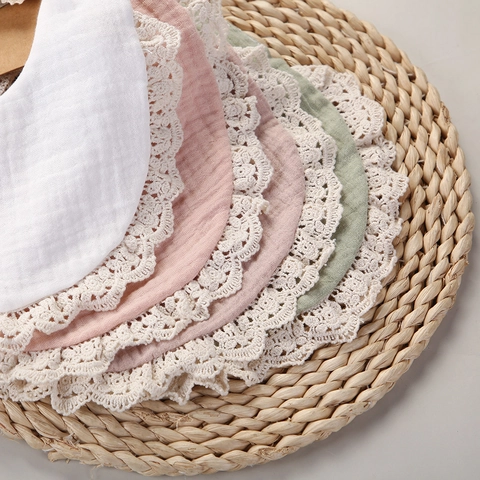 Baby Bib Headband And Hairclips Cotton Muslin Lace Waterproof Layered Gauze Adjustable Snaps Vintage Floral Infant Toddler