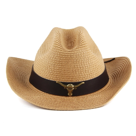 Western Cowboy Straw Hat For Men Women Bull Head Decor Curved Wide Brim Sun Protection Breathable Bamboo Fiber Summer Outdoor Casual Beach Hat