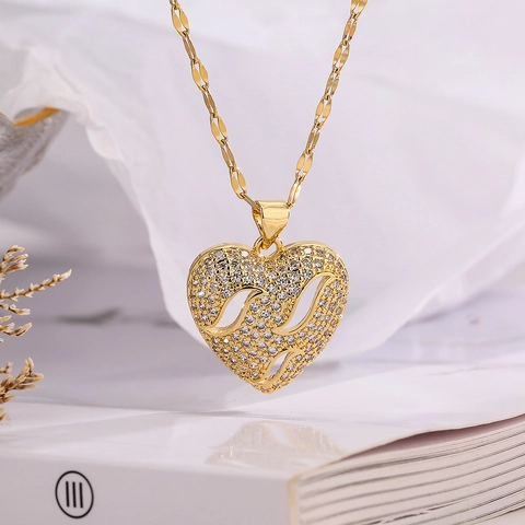 Hohl Herz Zirkon Anhänger Halskette Vergoldetes Kupfer Elegante Vintage Mode Schlüsselbeinkette Für Damen