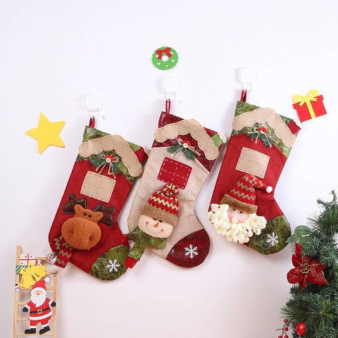 Large Christmas Stocking Burlap Candy Gift Bag 3D Santa Snowman Reindeer Hanging Decoration Festive Holiday Rustic Style