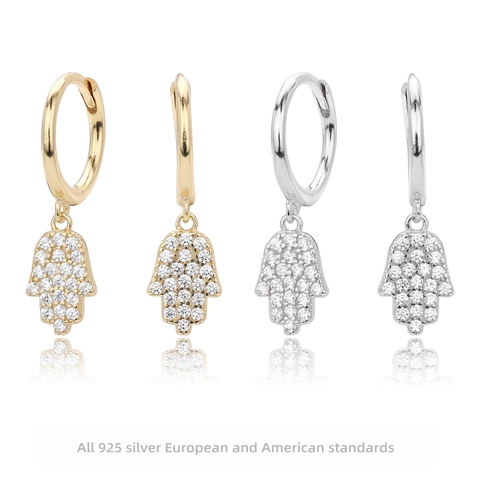 Hamsa Hand Dangle Hoop Earrings 925 Sterling Silver Micro Paved CZ Zircon Evil Eye Amulet Jewelry For Women