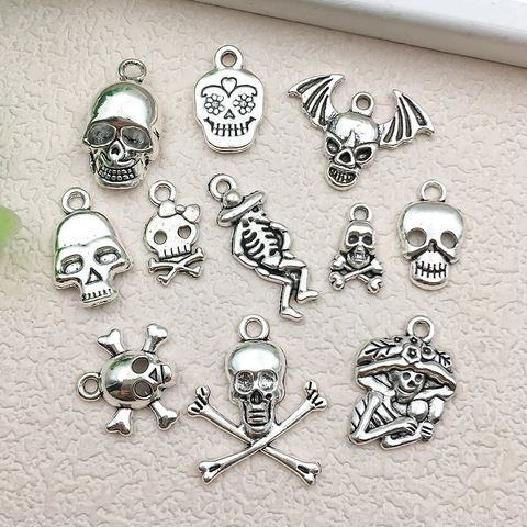 Antique Silver Alloy Skull Skeleton Pendants Halloween Gothic DIY Jewelry Making Charms Mixed Styles Punk Accessories