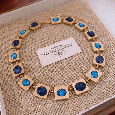 Vintage Square Pendant Necklace Earrings Alloy Blue Resin With Silver Earring Post Luxury Court Style Jewelry Women
