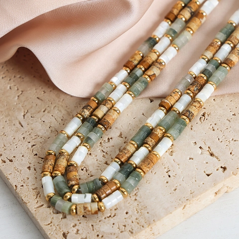 Natural Stone Beaded Necklace For Women Bohemian Vintage Handmade Geometric Green White Brown Titanium Steel Jewelry