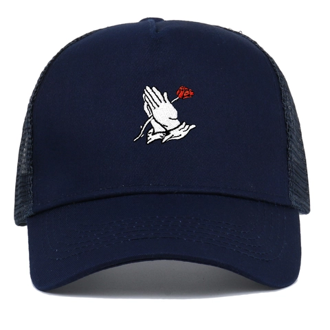 Cappello Trucker Unisex con Ricamo Mani in Preghiera e Rosa Rete Traspirante Cappellino da Baseball in Cotone Snapback Regolabile Hip Hop