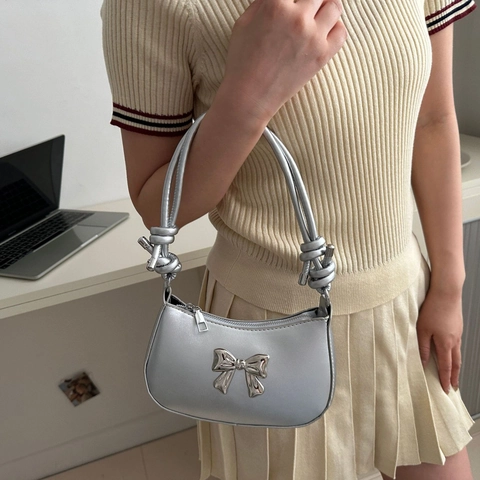 Women Shoulder Underarm Bag PU Leather Chic Bowknot Decor Knotted Strap Solid Color Trendy Crescent Handbag For Lady