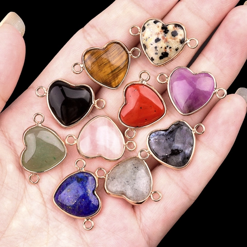 Connecteurs En Forme De Cœur Pierre Semi Précieuse Naturelle Cadre Métallique Doubles Boucles Accessoires Bijoux