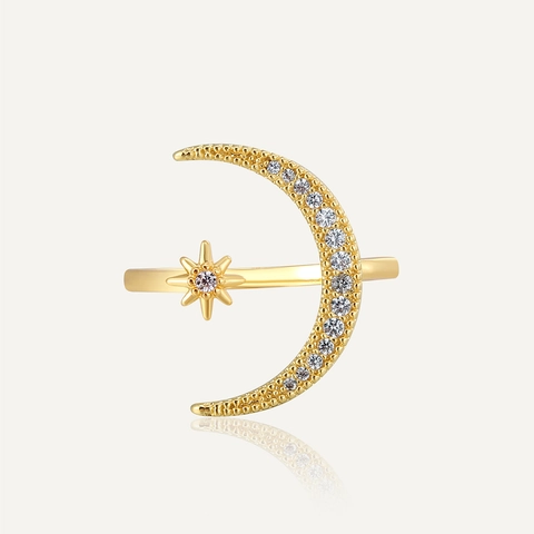 Gold Plated Copper Star Moon Ring Adjustable Open Crescent Cubic Zirconia Trendy Elegant Jewelry Gift Women