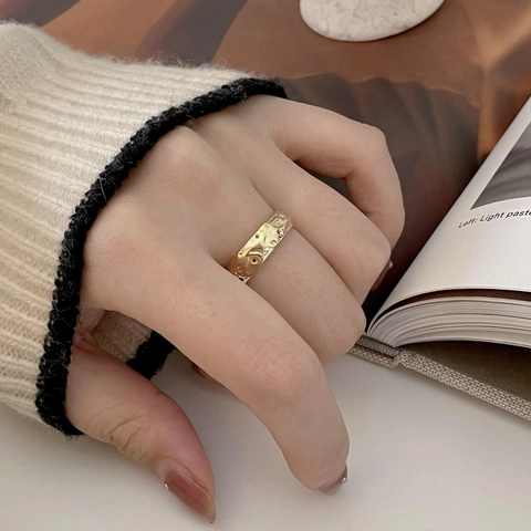 Bague En Argent Sterling 925 Texture Martelée Irrégulière Ouverte Ajustable Minimaliste Bijoux Rétro Pour Femmes