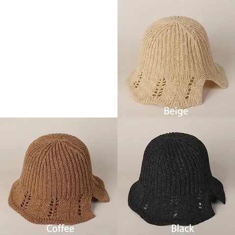 Women Hollow Out Knit Bucket Hat Cotton Polyester Breathable Sunshade Summer Spring Wave Brim Foldable Elegant Hat