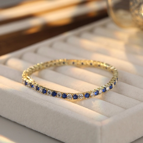 Bracciale Tennis in Argento Sterling 925 Con Strass Blu Bianchi Hip Hop Geometrico Quadrato Per Uomo Donna Gioielli Di Moda
