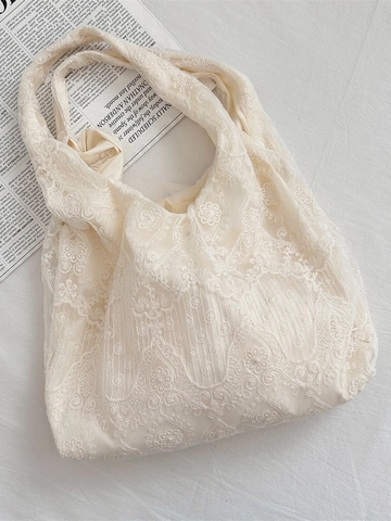 Borsa Tote In Pizzo Ricamo Floreale Traforata Stile Coreano Romantico Borsa A Spalla Morbida Per Donne Studenti