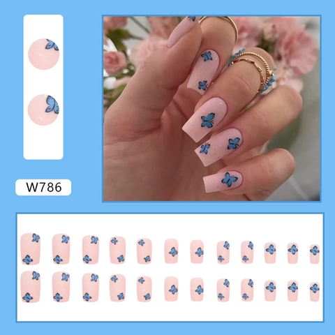 Blue Butterfly Press On Nails Pink Square Coffin Shape Full Cover Artificial False Nails Manicure Art For Women