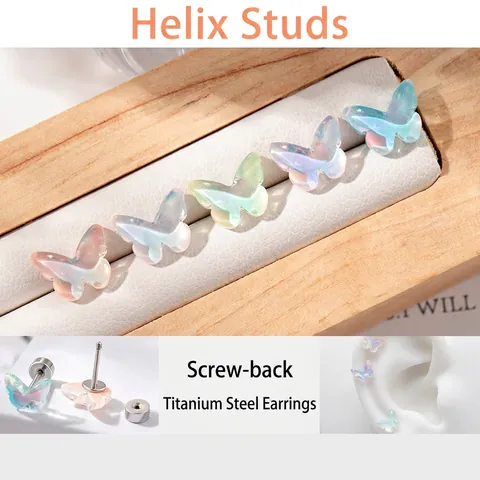 Butterfly Stud Earrings Titanium Steel Iridescent Resin Screw Back Flat Back Cartilage Sweet Cute Jewelry For Women