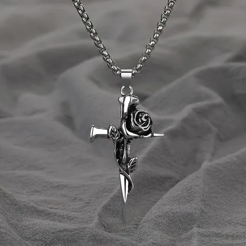 Gothic Rose Cross Pendant Necklace Alloy Pendant Titanium Steel Chain Vintage Punk Style Jewelry For Men Women