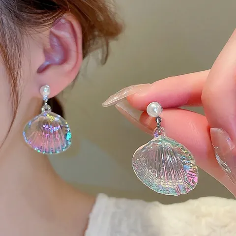 Pendientes Colgantes De Concha Iridiscente Con Poste De Plata De Ley 925 Perla Artificial Sintética Estilo Coreano Para Mujer