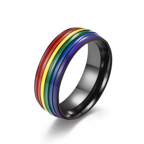 Unisex Stainless Steel Rainbow Pride Ring LGBTQ Flag Striped Enamel Band Jewelry Personalized Fashion Finger Ring For Men Women