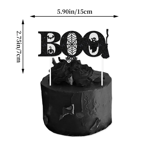 Halloween Boo Glitter Black Cake Topper With Bat Spider Web Ghost Pumpkin For Spooky Birthday Party Cake Decoration