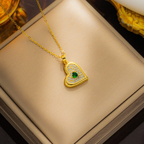 Herz Anhänger Halskette Titanstahl Smaragdgrüner Stein Glänzender Strass Eleganter Schmuck Für Damen