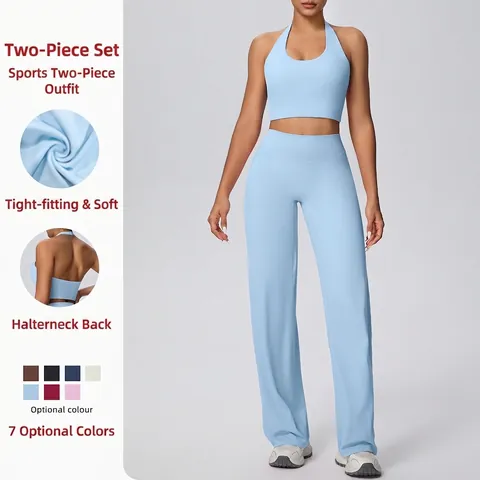Sportliches Yoga Halter Rückenfreies Oberteil Und Hohe Taille Weite Hose Nylonmischung Einfarbig Schnelltrocknend