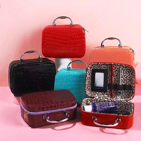 Portable Makeup Bag PU Leather Crocodile Pattern Cosmetic Case With Mirror Metal Handle Square Travel Storage For Women