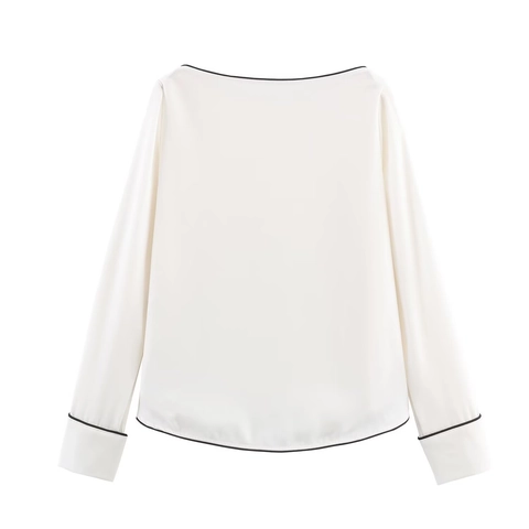 Blusa Mujer Hombros Descubiertos Manga Larga Ribete En Contraste Pullover Elegante Moda Satén Gasa Blanco Top Camisa