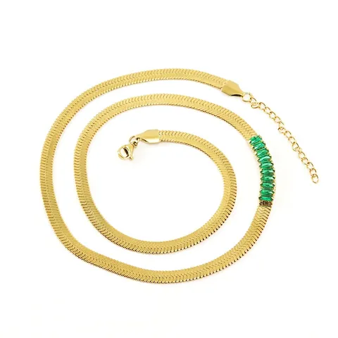 Halskette Mit Baguette Zirkonia Flache Schlangenkette 18K Vergoldet Edelstahl Modeschmuck Für Damen