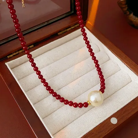 Collar De Cuentas Rojas Con Colgante De Perla Artificial Sintética Estilo Chino Retro Joyería De Cobre Bañado En Oro Para Mujer