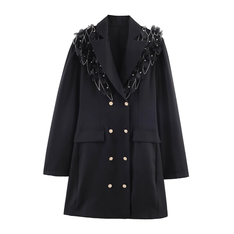 Zwarte Blazerjurk Double Breasted Met Veren Strass Kettingen Bloem Applique Lange Mouwen Elegante Party Mini Jurk