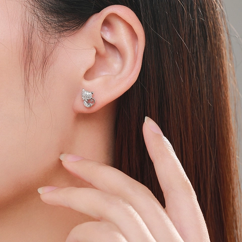 Orecchini a Bottone in Argento Sterling 925 a Forma di Gatto Con Strass Intarsiati Stile Coreano Gioielli per Donna Regalo Moda